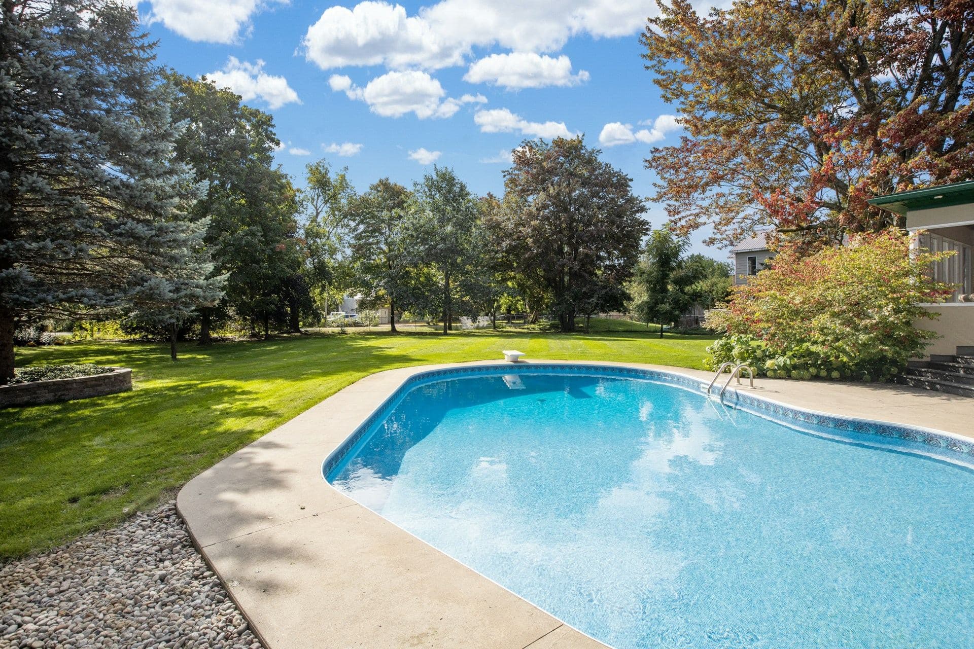 A clean residential backyard swimming pool with clear blue water, lawn and shade trees